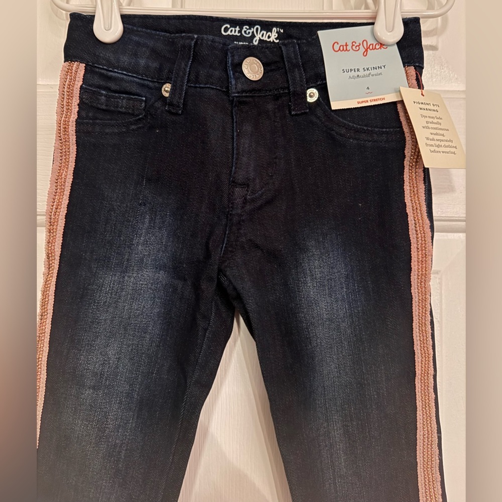 Cat & Jack Super Skinny (adj. waist) Dark Blue Jeans with Pink Ribbon & Beads
